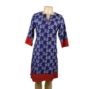 Indian-Inspired Womens Blue/Red Elephant Print Kurta Dress 3/4 Sleeve Tunic